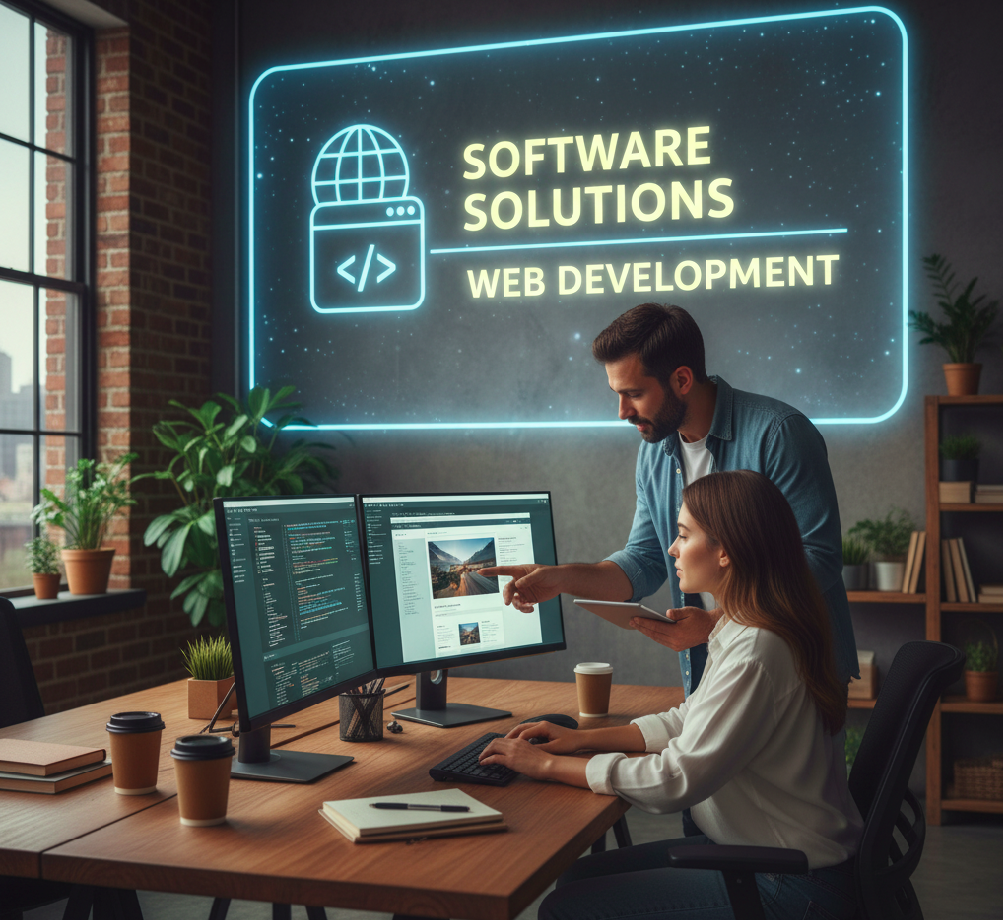 Developer working on code on multiple monitors in a dark environment